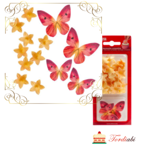 Tordiabi vahvlidekoor oranžid kellukad ja roosad liblikad