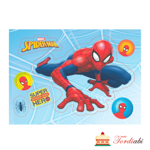 Tordiabi Spiderman ämblikmees eellõigatud siluett ja logod vahvlilehel