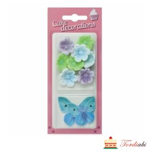 Tordiabi kaunistuskomplekt sinised rohelised lilleõied ja vahvliliblikad